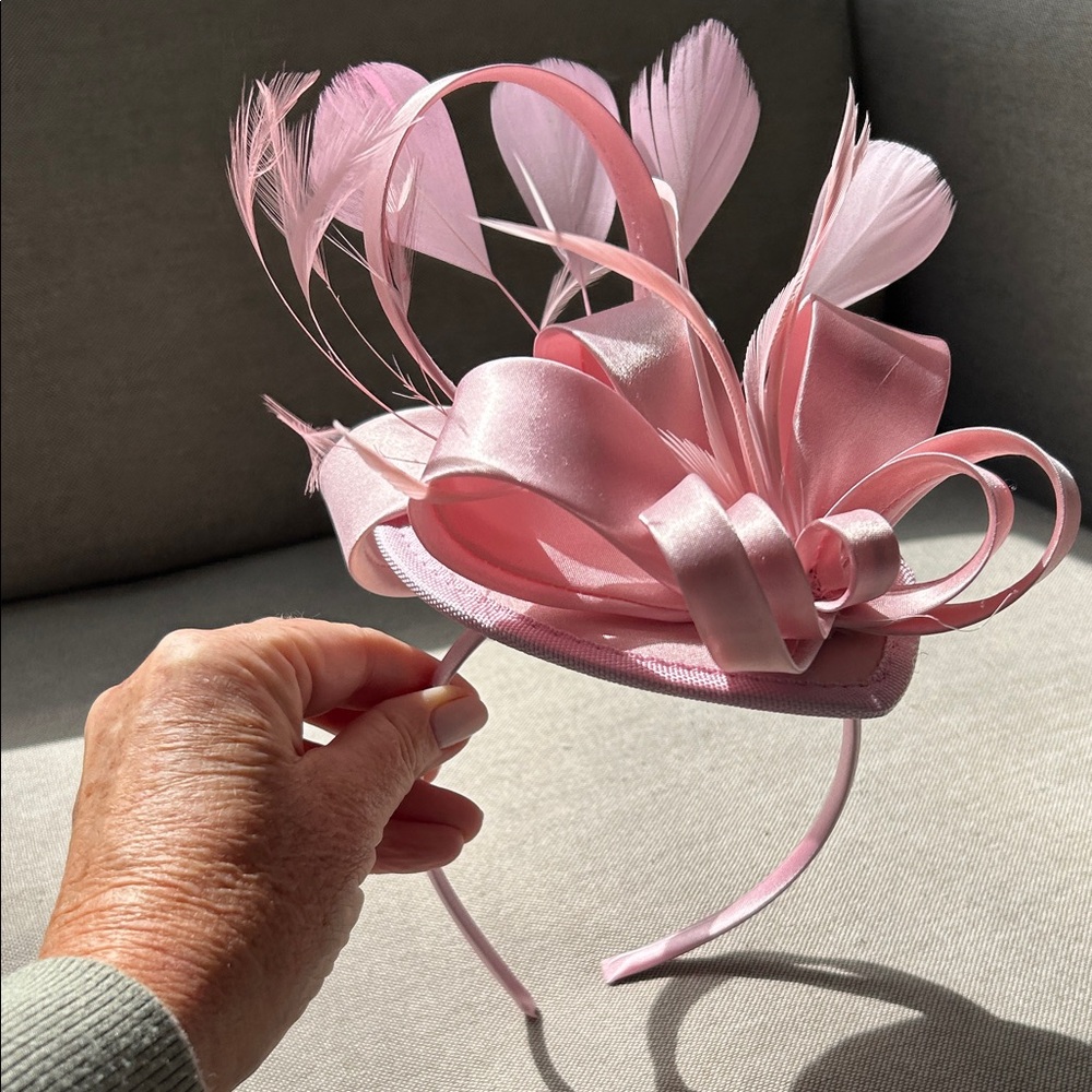 Delicate Pink Ribbon & Feather Fascinator Headband - Picture 2 of 4